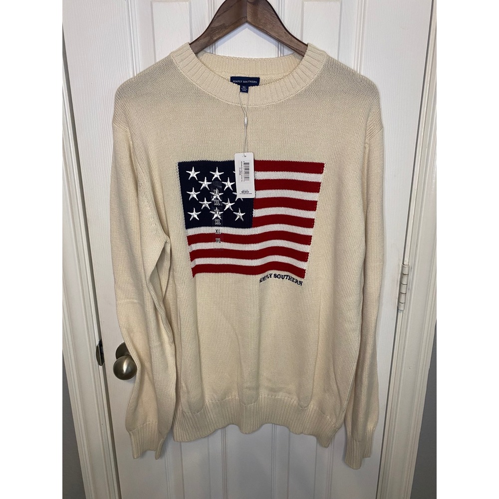 Simply Southern Mens American Flag Knit Sweater Cream XL NWT Patriotic Preppy